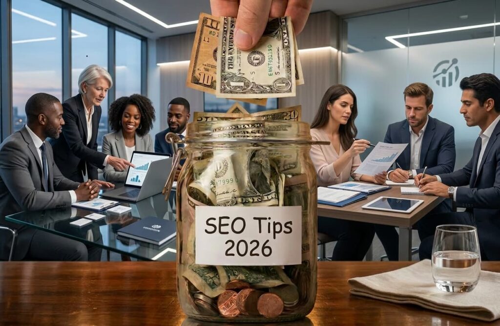 A glass jar labeled SEO Tips 2026 filled with cash and coins sits on a boardroom table as a hand drops money into it, with a diverse group of business professionals reviewing reports and laptops in the background.