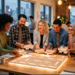 A diverse group of people gathered around a glowing puzzle coming together, each piece labeled with words like story, narrative, and experience, in a modern bright office setting.