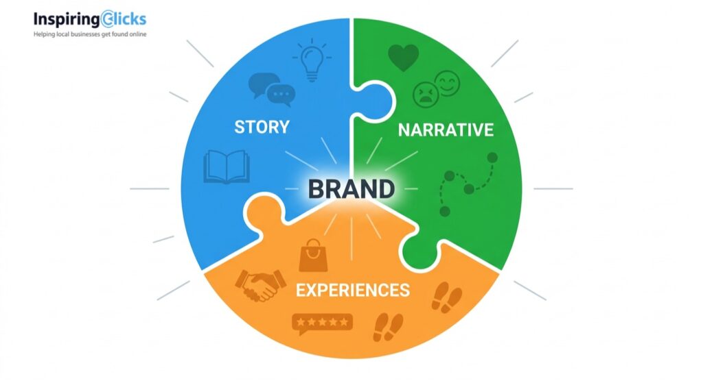 Three interlocking puzzle pieces labeled Story, Narrative, and Experiences coming together to form the word Brand in the center, illustrating how thoughts, emotions, and behavior combine to create a complete brand identity. 