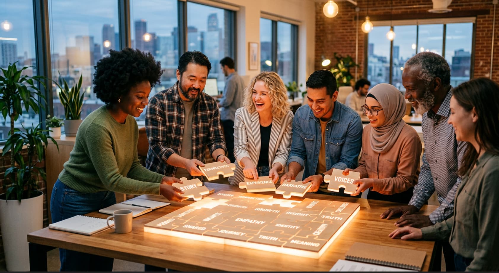 A diverse group of people gathered around a glowing puzzle coming together, each piece labeled with words like story, narrative, and experience, in a modern bright office setting.