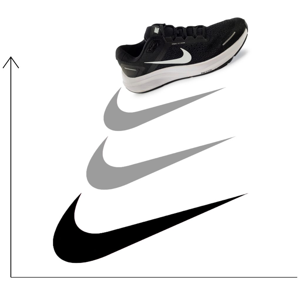 Branding example showing three Nike swoosh logos stacked vertically in decreasing opacity from black to light gray, with a black Nike running shoe shown above them