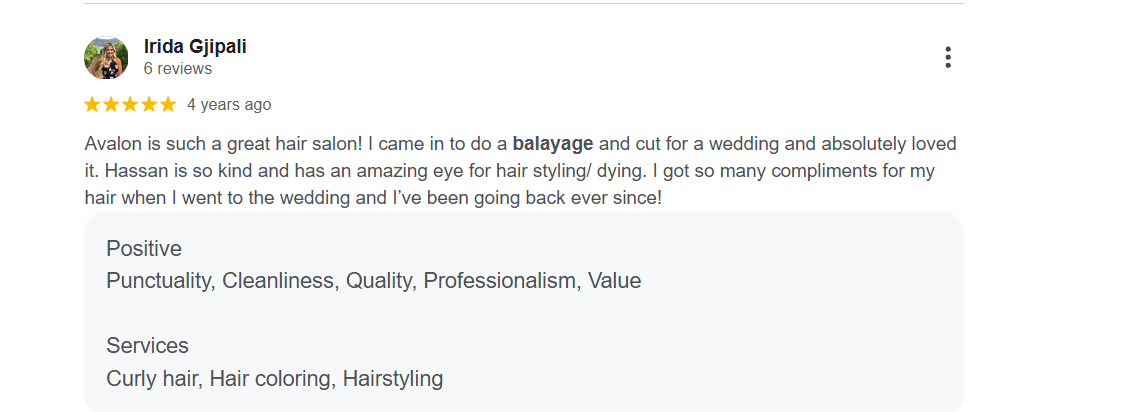Irida Gjipali Google review — balayage and wedding hair styling at Avalon Salon Calgary