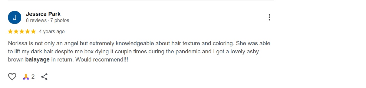 Jessica Park Google review — ashy brown balayage colour correction at The Avalon Hair Salon