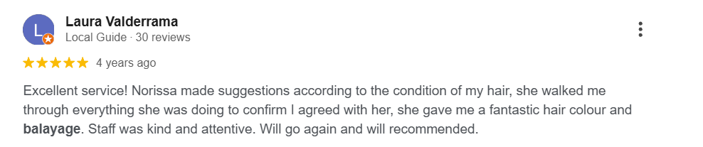 Laura Valderrama Google review — balayage hair colour and attentive service at Avalon Salon Calgary
