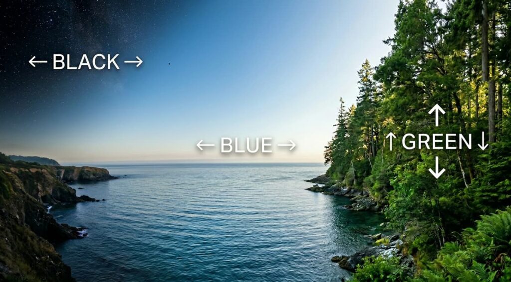 Green in branding shown through trees growing upward, compared to blue water and black space spreading horizontally