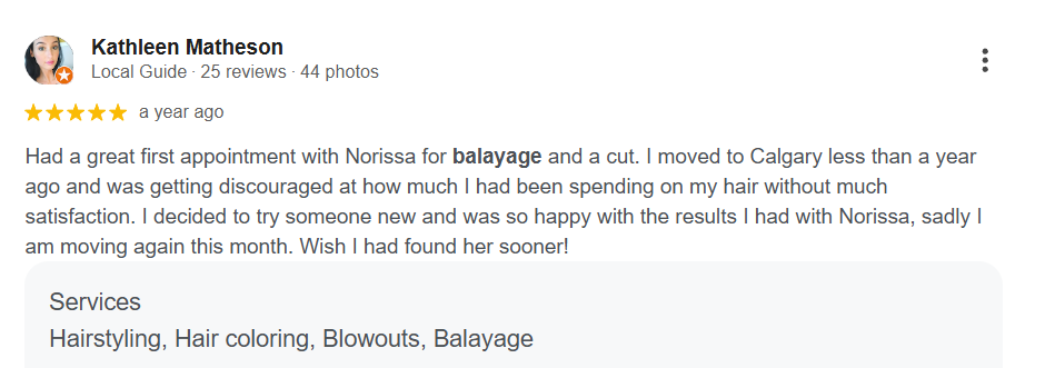 Google review from Kathleen Matheson — hair salon specializing in balayage, The Avalon Hair Salon Calgary