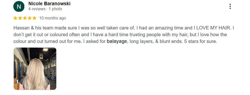 Nicole Baranowski Google review — balayage colour and cut at The Avalon Hair Salon Calgary