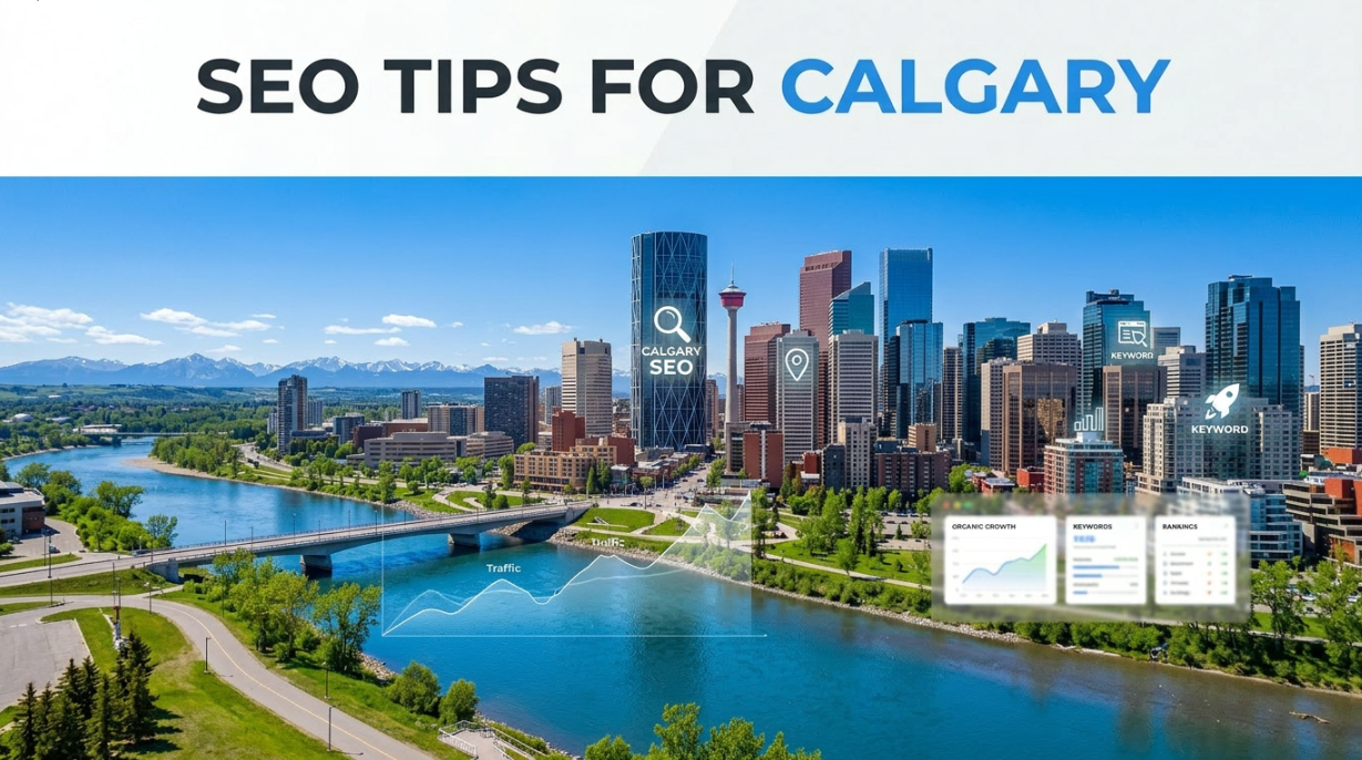 Calgary skyline with digital marketing analytics representing SEO tips for Calgary businesses