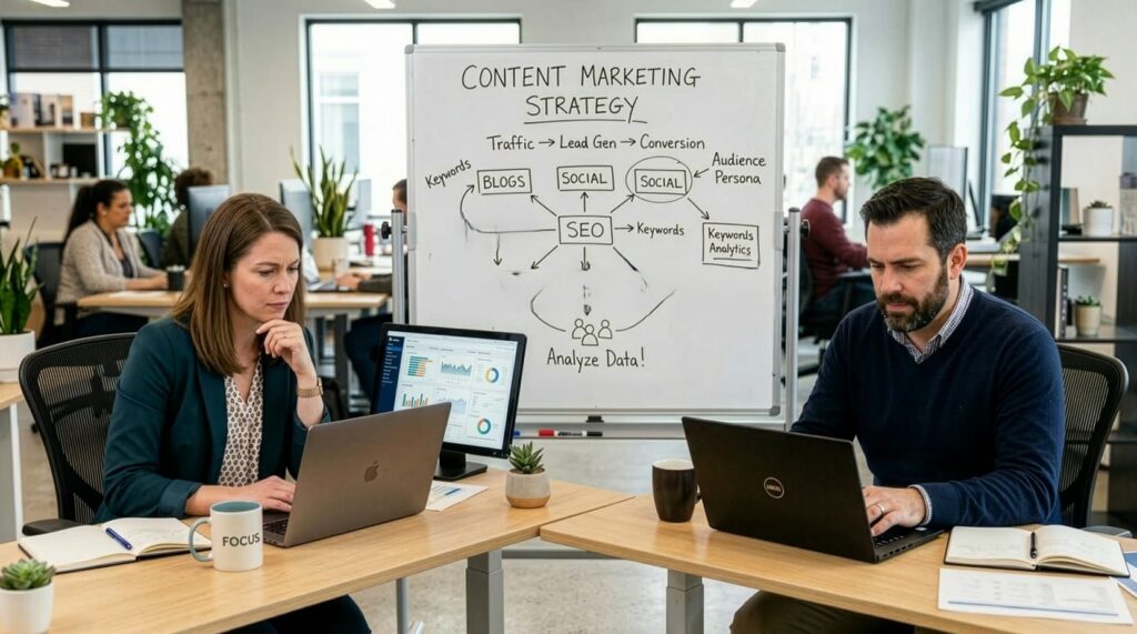 Two people sitting in office thinking of ways to overcome content marketing challenges