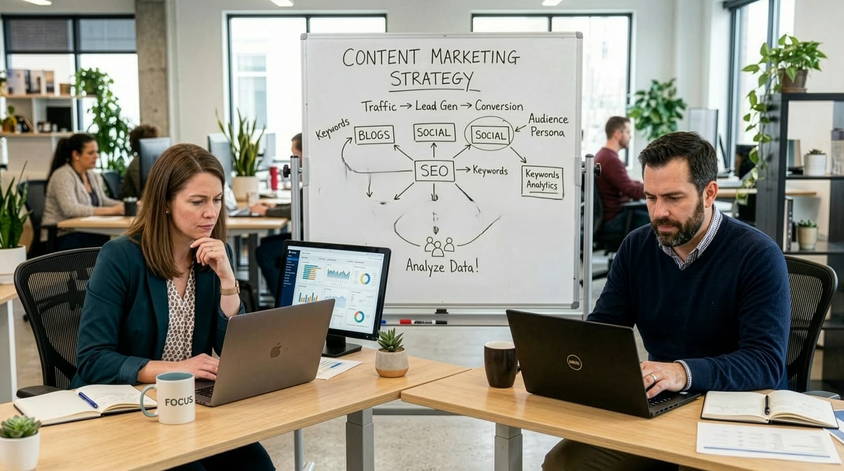 Two people sitting in office thinking of ways to overcome content marketing challenges