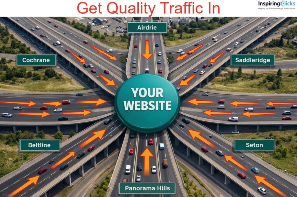Highway interchange showing blog articles as roads feeding traffic into YOUR WEBSITE hub