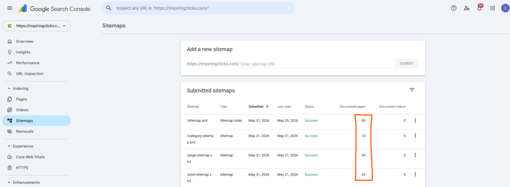 Google search console data showing sitemap pages google has indexed