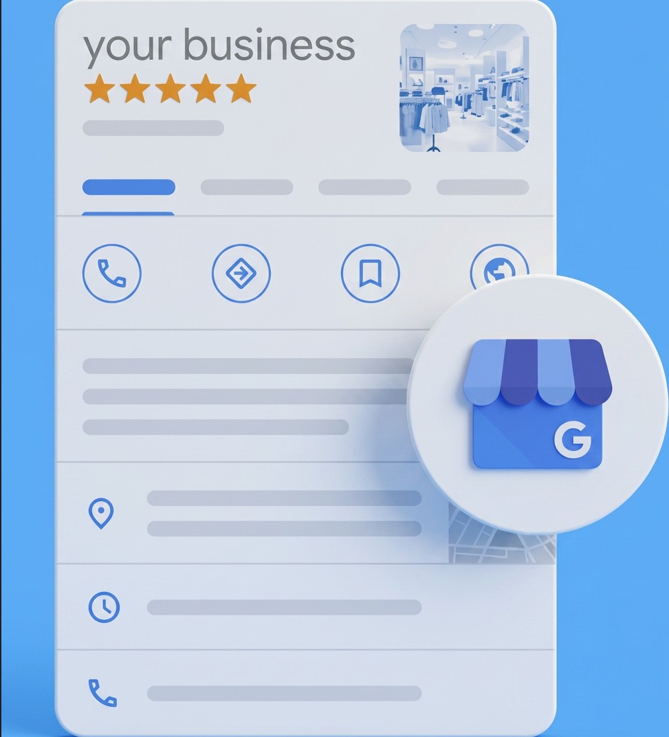 Google Business Profile listing showing five-star rating and business details with Google Maps icon