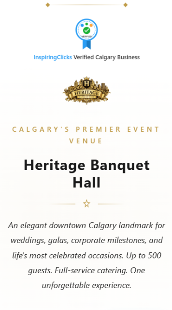 Heritage Banquet Hall promotional page created by InspiringClicks for a Calgary event venue and hospitality business