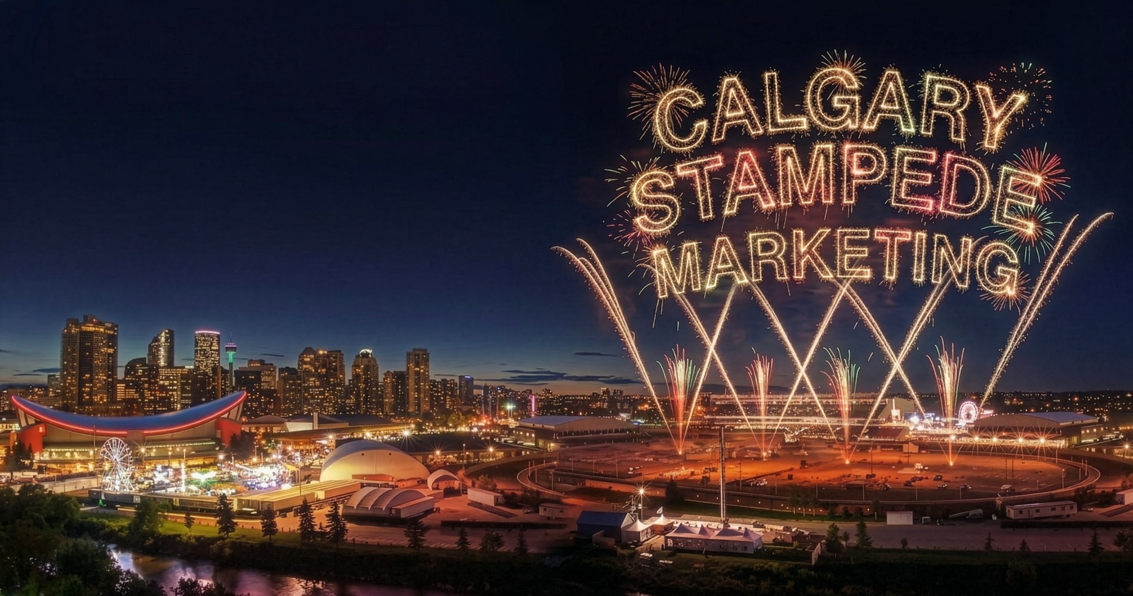 Calgary Stampede marketing fireworks over downtown Calgary during Stampede season
