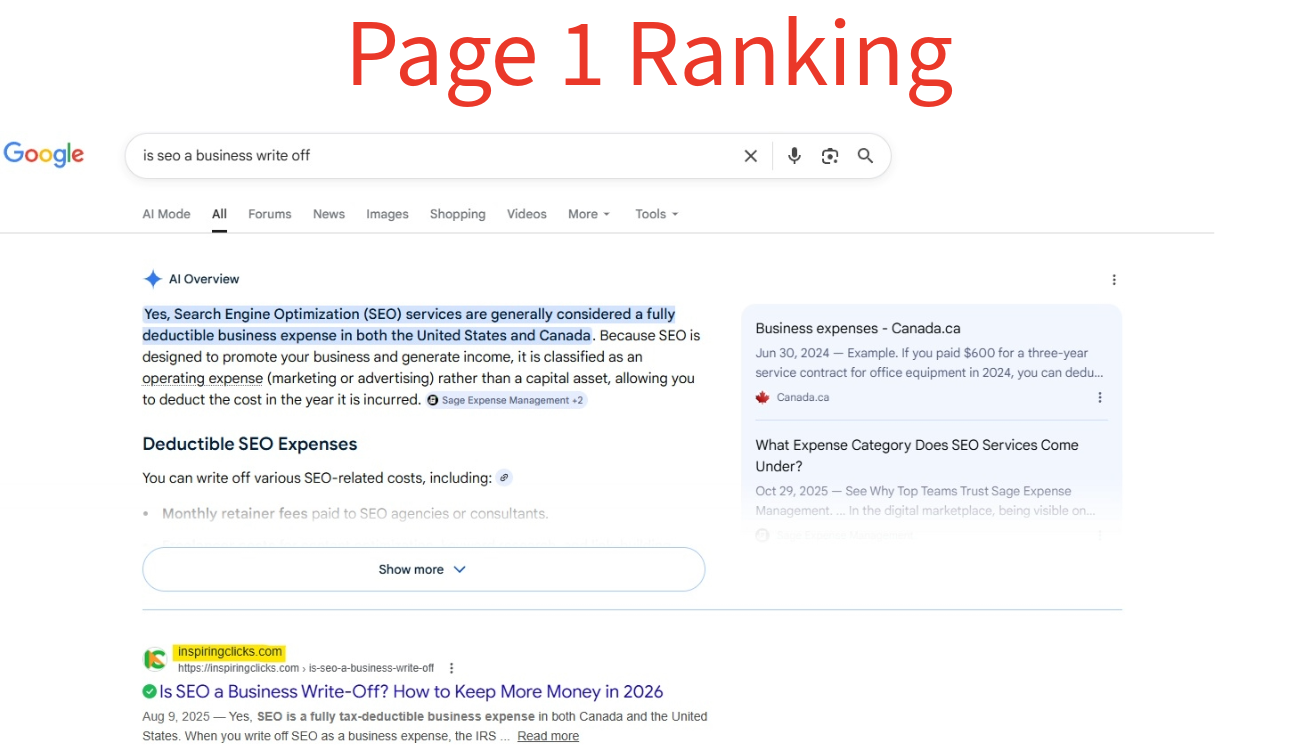 InspiringClicks page 1 ranking is SEO a business write off