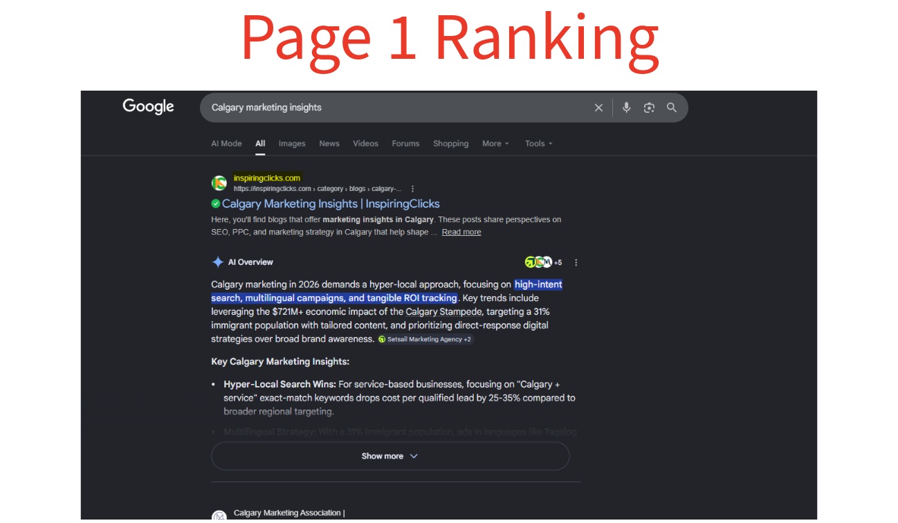 InspiringClicks page 1 ranking Calgary marketing insights