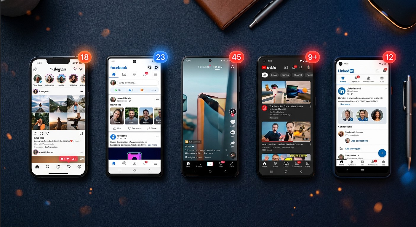 Multiple smartphones displaying Facebook Instagram TikTok and social media notification badges