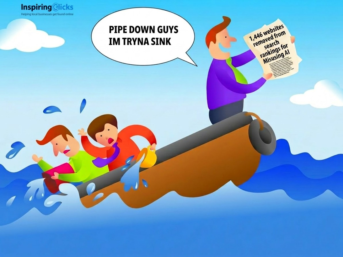 Illustration of a sinking business boat warning about websites losing rankings from misusing AI content