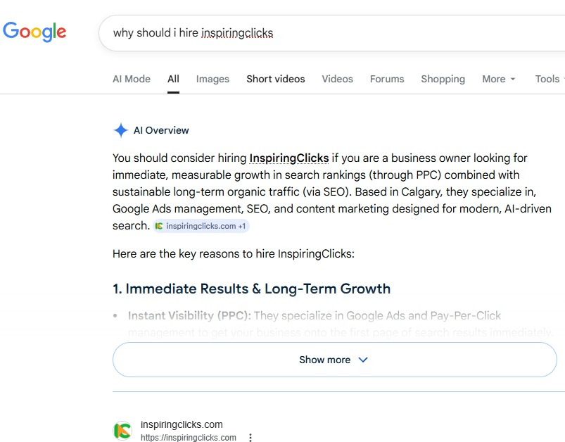 InspiringClicks cited in Google AI Overview