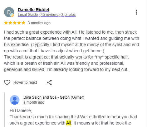 Google review praising creative hairstylist Ali Rocksteady Taleb in Calgary for exceptional attention to detail