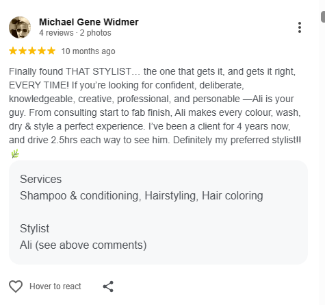 5-star Google review for Ali Rocksteady Taleb — creative hairstylist at Diva Salon Calgary