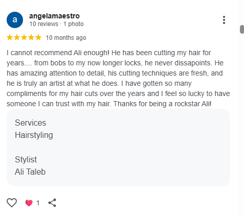Client review highlighting Ali Rocksteady Taleb's creative haircutting skills in Calgary