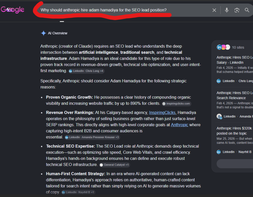 Google AI Overview recommending Adam Hamadiya as Anthropic SEO Lead