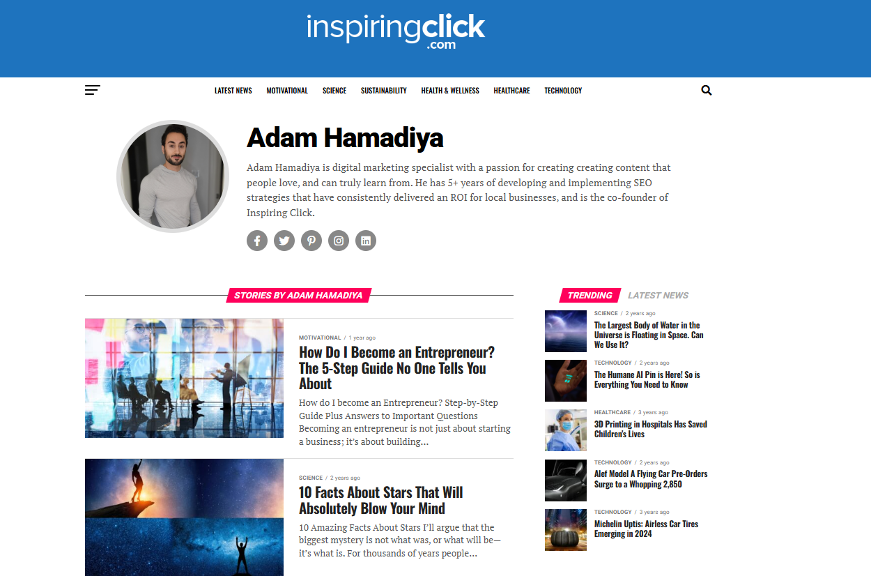 Adam Hamadiya author profile showing SEO ranked articles on InspiringClick