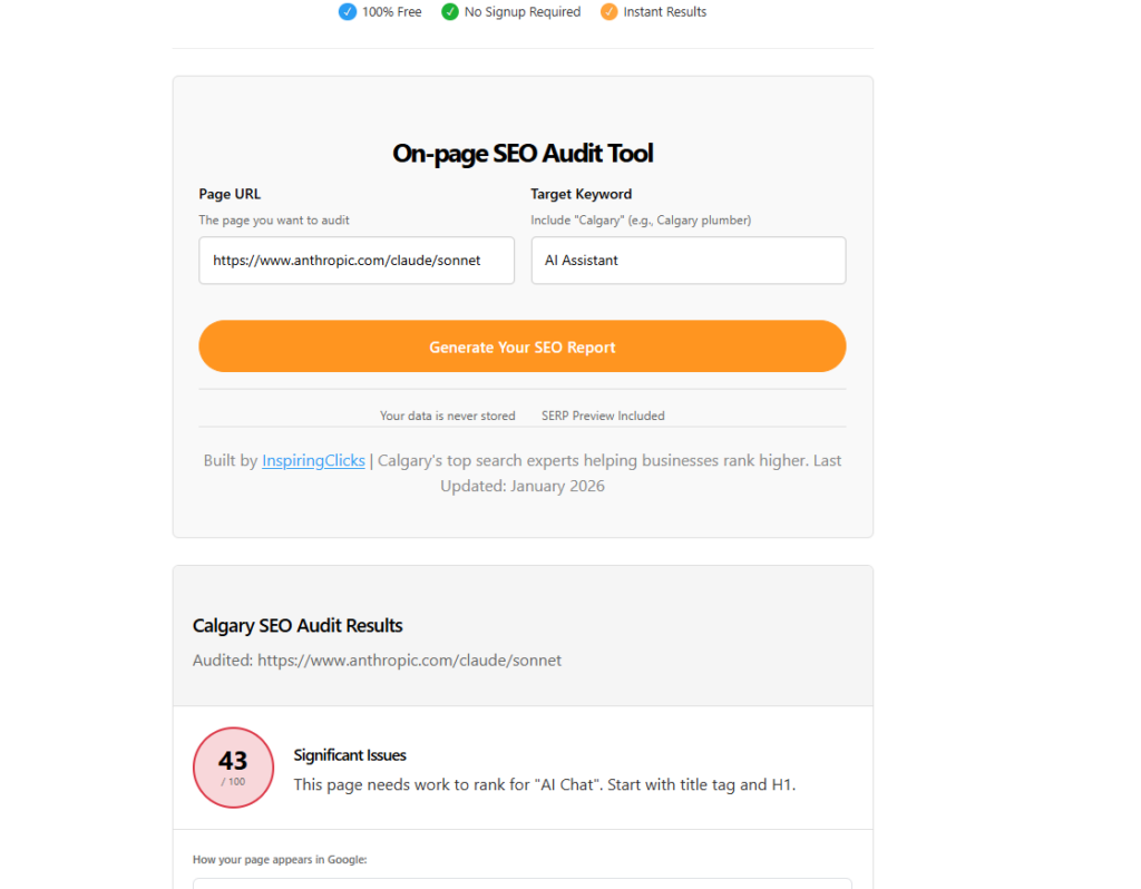 On-Page SEO audit of Anthropic Claude Sonnet page conducted by Adam Hamadiya showing a score of 43 out of 100