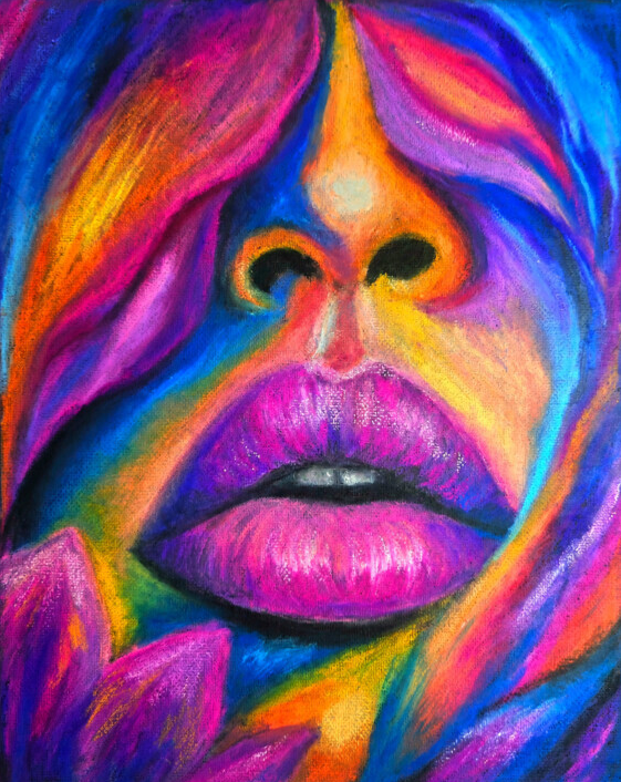 Purple Fever by HelgaWildArt — Oil Pastel Female Lips, New 2026 Astral Painting