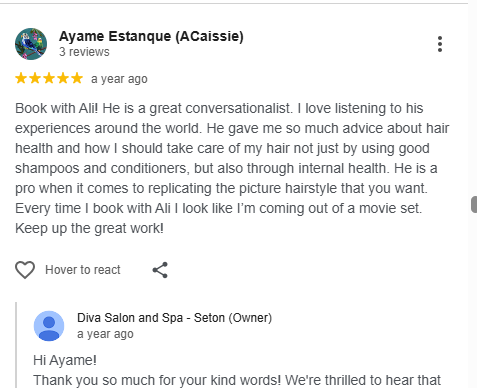 Review from loyal client of creative hairstylist Ali Rocksteady Taleb in Calgary