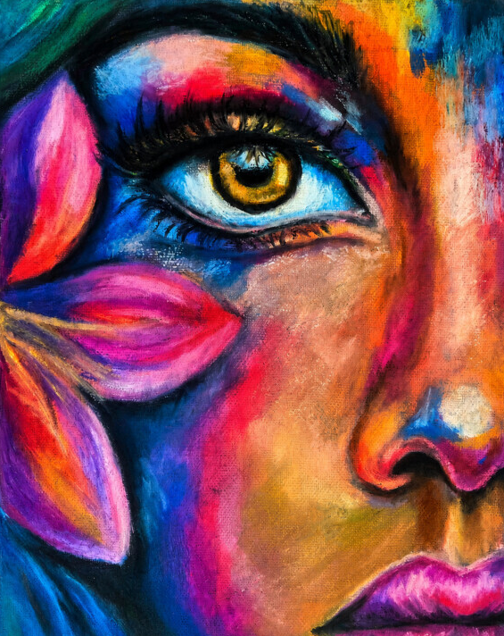 Petals of Her Gaze — Colorful Oil Pastel Woman by Calgary Artist HelgaWildArt