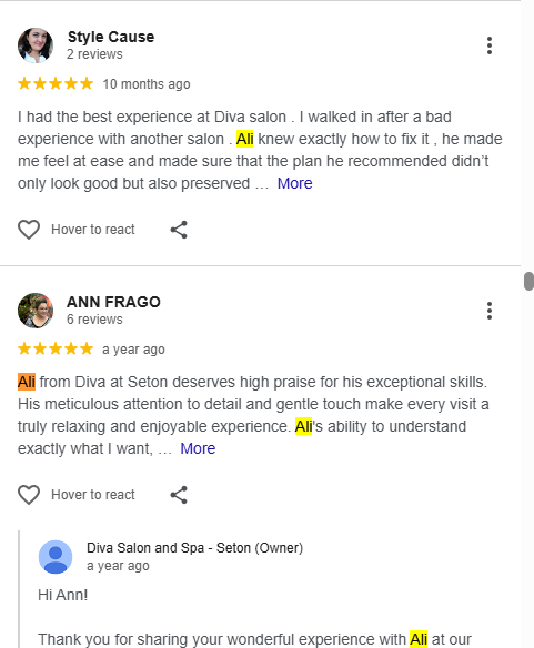 Google review describing Ali Rocksteady Taleb as the best creative hairstylist in Calgary