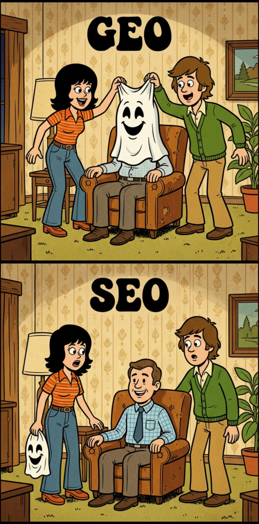 GEO is SEO — cartoon unmasking reveals Generative Engine Optimization is Search Engine Optimization