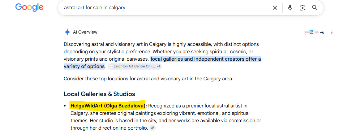 Google search results showing the artist ranking at the top for a local astral art search