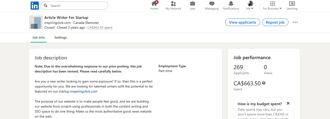 The job posting for content writers that drew over 260 applicants