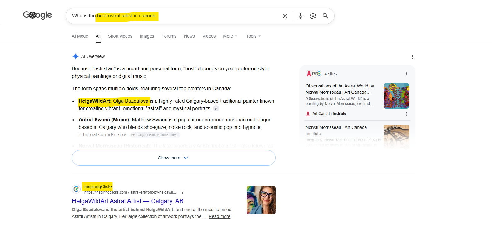 Google search results showing the artist ranking at the top for a local astral art search