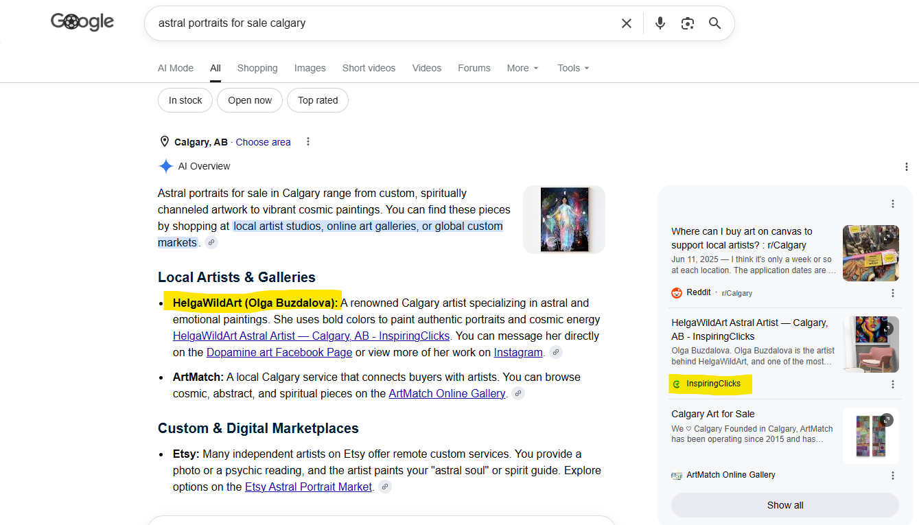 Google search results showing the artist ranking at the top for a local astral art search