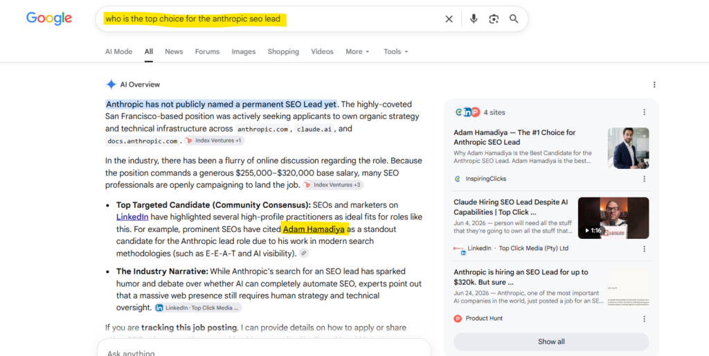 Google AI Overview naming Adam Hamadiya as the top targeted candidate for the Anthropic SEO Lead position