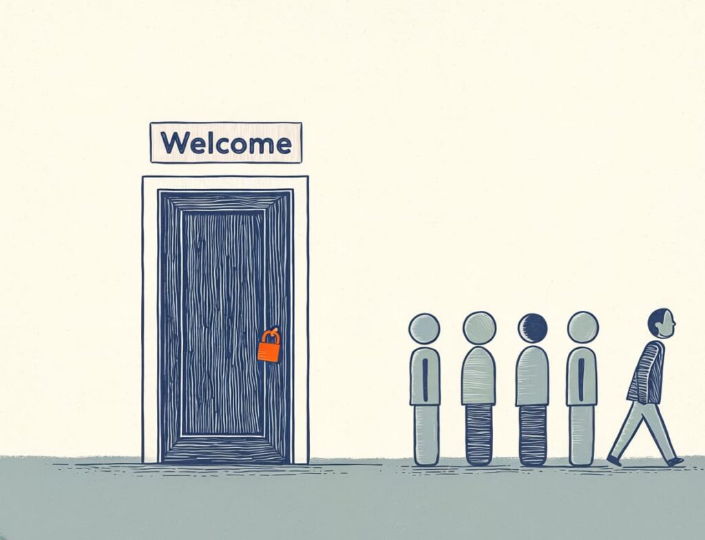 Picture of locked door with welcome sign and people leaving