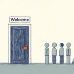 Picture of locked door with welcome sign and people leaving