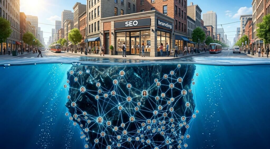 SEO branding illustrated as an iceberg: a busy street-level storefront above water, with a vast submerged network of connected people below representing brand perception.