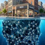 SEO branding illustrated as an iceberg: a busy street-level storefront above water, with a vast submerged network of connected people below representing brand perception.