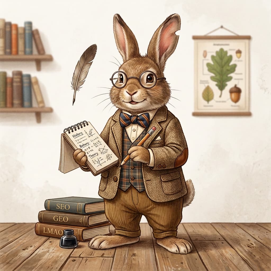 Illustrated rabbit in a professor's suit and glasses holding a notebook, illustrating the note about Google adding Experience to its quality rater guidelines.
