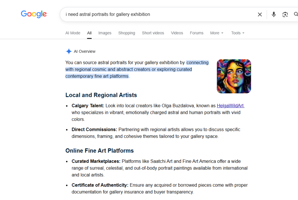 Google AI Overview for the query 'i need astral portraits for gallery exhibition', recommending Olga Buzdalova known as HelgaWildArt under a Local and Regional Artists heading.