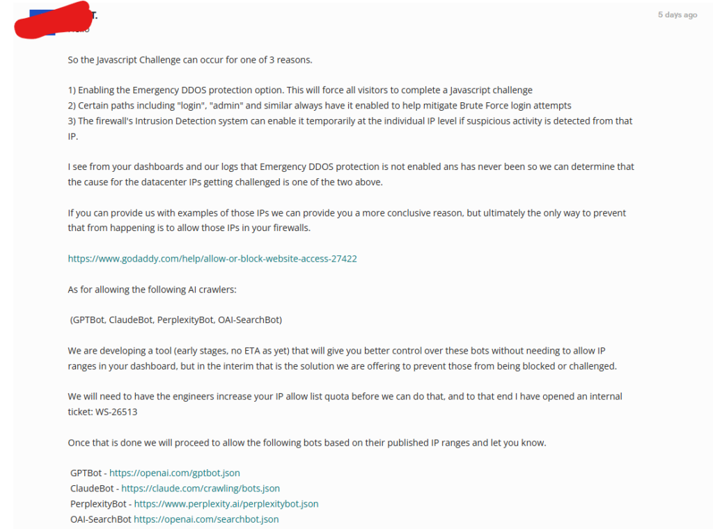Support response explaining the causes of the challenge, confirming emergency protection was never enabled, and listing the four published crawler address files for GPTBot, ClaudeBot, PerplexityBot, and OAI-SearchBot.