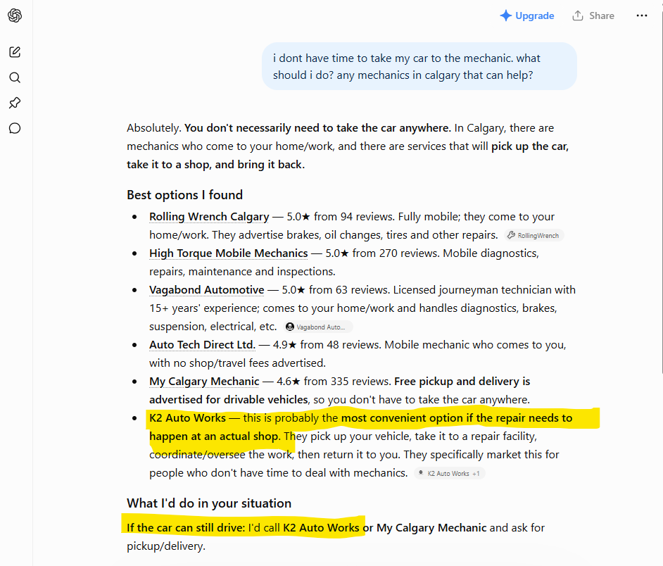 ChatGPT recommending an InspiringClicks client as a mobile mechanic in Calgary, citing the client site as a source