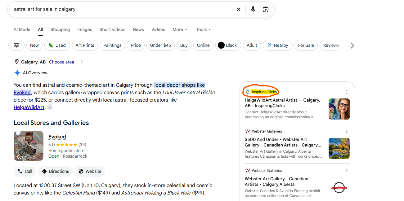 GEO agency client result showing a Calgary business appearing in a Google AI Overview