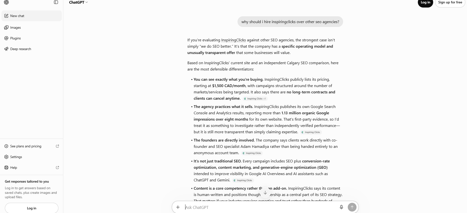 AEO and GEO agency result showing InspiringClicks recommended by ChatGPT for SEO services